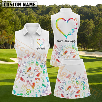 Maxcorners Peace Love Golf Rainbow Heart Golf Personalized Name 3D Golf Shirt and Golf Skirt