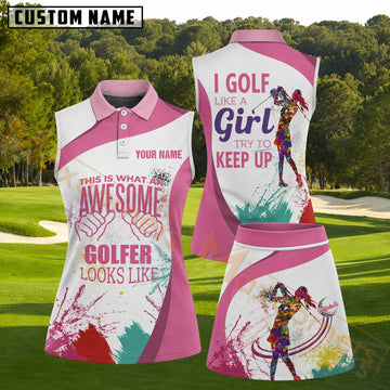 Maxcorners Awesome Golfer Pink Paint Splatter Golf Personalized Name 3D Golf Shirt and Golf Skirt