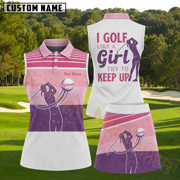 Maxcorners I Golf Like A Girl Pink Purple Golf Personalized Name 3D Golf Shirt and Golf Skirt