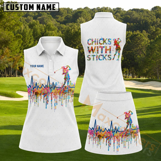 Maxcorners Chicks With Sticks Colorful Watercolor Golf Personalized Name 3D Golf Shirt and Golf Skirt