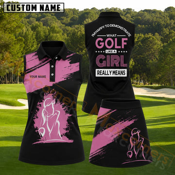 Maxcorners Golf Like A Girl Pink And Black Golf Personalized Name 3D Golf Shirt and Golf Skirt