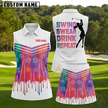 Maxcorners Swing Swear Drink Repeat Colorful Paint Drip Golf Personalized Name 3D Golf Shirt and Golf Skirt