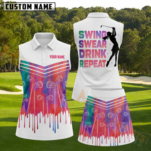 Maxcorners Swing Swear Drink Repeat Colorful Paint Drip Golf Personalized Name 3D Golf Shirt and Golf Skirt