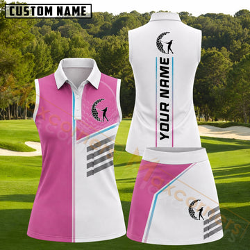 Maxcorners Pink White Female Golfer Silhouette Golf Personalized Name 3D Golf Shirt and Golf Skirt