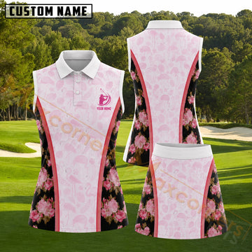 Maxcorners Pink Flamingo And Black Floral Golf Personalized Name 3D Golf Shirt and Golf Skirt
