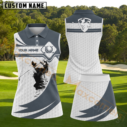 Maxcorners Grey White Shield Logo Geometric Golf Personalized Name 3D Golf Shirt and Golf Skirt