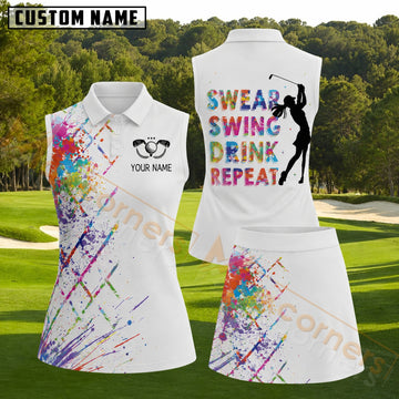 Maxcorners Colorful "Swear Swing Drink Repeat" Paint Splatter Golf Personalized Name 3D Golf Shirt and Golf Skirt