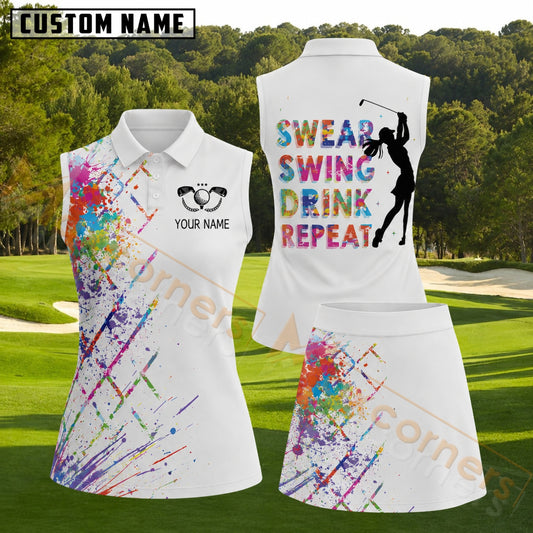 Maxcorners Colorful "Swear Swing Drink Repeat" Paint Splatter Golf Personalized Name 3D Golf Shirt and Golf Skirt