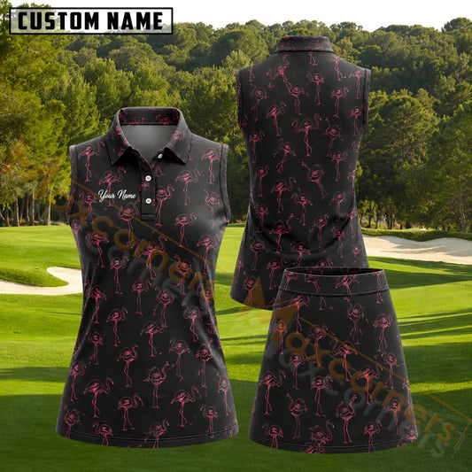 Maxcorners Black And Pink Flamingo Golf Personalized Name 3D Golf Shirt and Golf Skirt