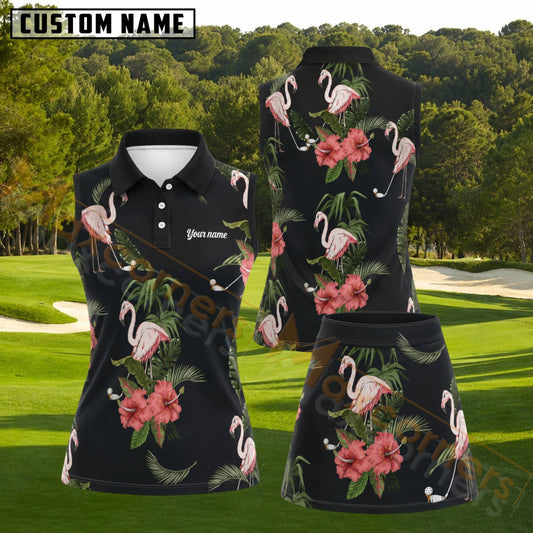 Maxcorners Black Hawaiian Floral Flamingo Golf Personalized Name 3D Golf Shirt and Golf Skirt