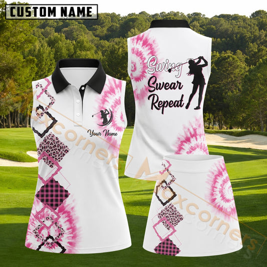 Maxcorners White Pink Tie Dye And Leopard Pattern Golf Personalized Name 3D Golf Shirt and Golf Skirt