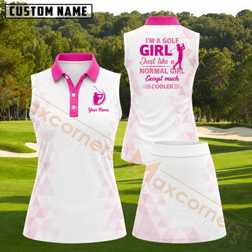 Maxcorners Pink White Geometric Pattern Golf Girl Golf Personalized Name 3D Golf Shirt and Golf Skirt