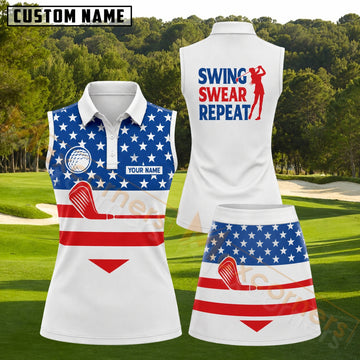 Maxcorners USA Flag Swing Swear Repeat Golf Personalized Name 3D Golf Shirt and Golf Skirt