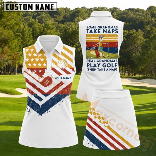 Maxcorners Patriotic Distressed Stripes Grandma Golf Personalized Name 3D Golf Shirt and Golf Skirt