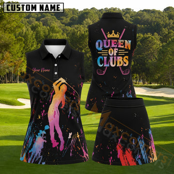 Maxcorners Black Neon Splatter Crown Crossed Clubs Golf Personalized Name 3D Golf Shirt and Golf Skirt