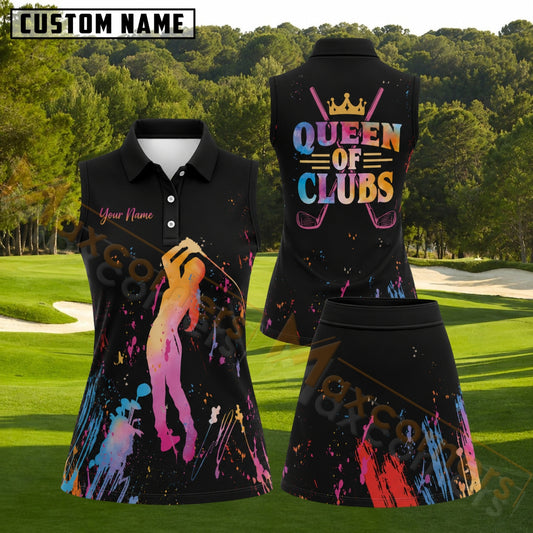Maxcorners Black Neon Splatter Crown Crossed Clubs Golf Personalized Name 3D Golf Shirt and Golf Skirt