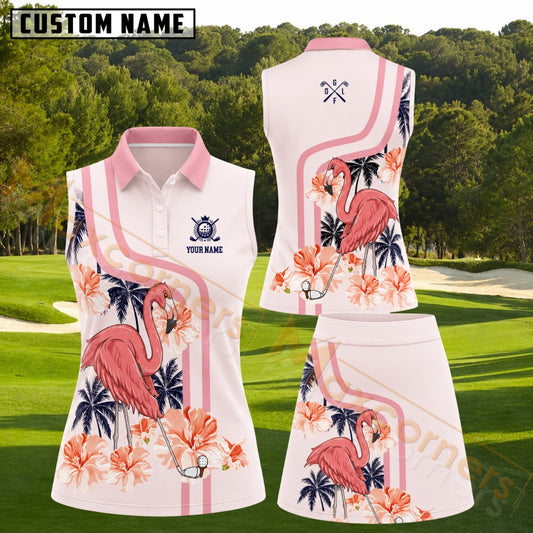 Maxcorners Tropical Flamingo And Palm Trees Golf Personalized Name 3D Golf Shirt and Golf Skirt
