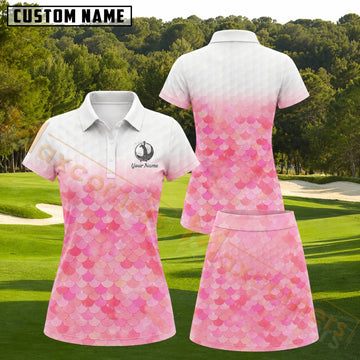 Maxcorners Pink White Mermaid Scale Pattern Golf Personalized Name 3D Golf Shirt and Golf Skirt