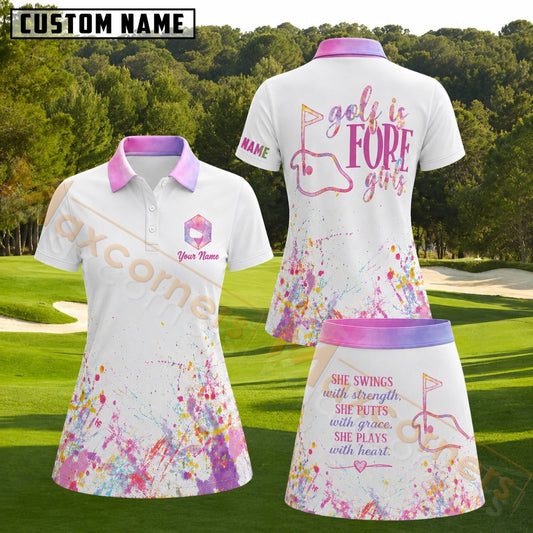 Maxcorners White Pink Purple Watercolor Splatter Golf Girl Pattern Golf Personalized Name 3D Golf Shirt and Golf Skirt