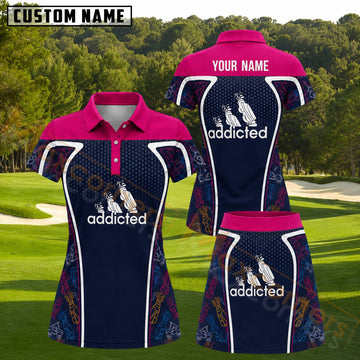 Maxcorners Pink Navy Golf Addicted Gear Pattern Golf Personalized Name 3D Golf Shirt and Golf Skirt