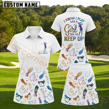 Maxcorners White Multicolor Golf Gear Pattern Golf Personalized Name 3D Golf Shirt and Golf Skirt