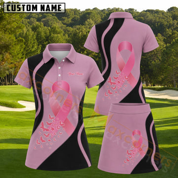 Maxcorners Pink Black Breast Cancer Ribbon Butterfly Pattern Golf Personalized Name 3D Golf Shirt and Golf Skirt