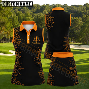 Maxcorners Black Orange Spider Web Halloween Golf Personalized Name 3D Golf Shirt and Golf Skirt