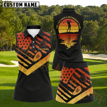 Maxcorners Black Orange Retro Golf Flag Pattern Golf Personalized Name 3D Golf Shirt and Golf Skirt