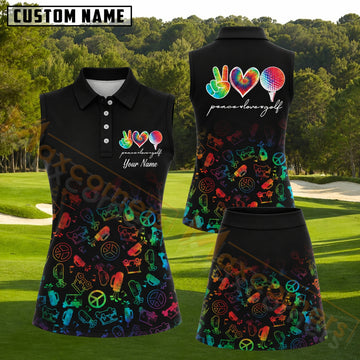 Maxcorners Black Rainbow Peace Love Golf Pattern Golf Personalized Name 3D Golf Shirt and Golf Skirt