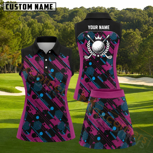Maxcorners Black Pink Blue Geometric Pattern Golf Personalized Name 3D Golf Shirt and Golf Skirt