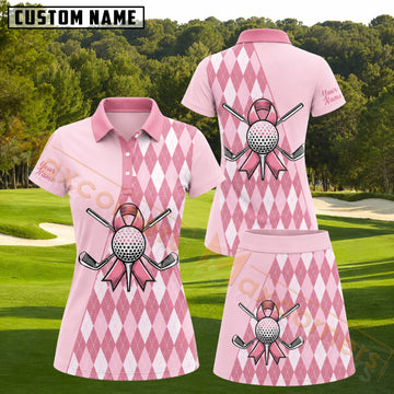 Maxcorners Pink Argyle Golf Ribbon Golf Personalized Name 3D Golf Shirt and Golf Skirt