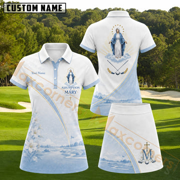 Maxcorners Blue White Assumption of Mary Lily Golf Personalized Name 3D Golf Shirt and Golf Skirt