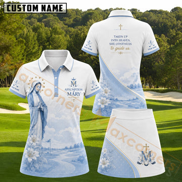 Maxcorners Blue White Assumption of Mary Prayer Lily Golf Personalized Name 3D Golf Shirt and Golf Skirt