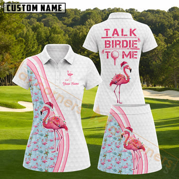Maxcorners Pink Christmas Flamingo Light Blue Floral Personalized Name 3D Golf Shirt and Golf Skirt