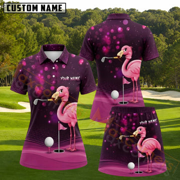 Maxcorners Pink Flamingo Golf Purple Sparkle Personalized Name 3D Golf Shirt and Golf Skirt