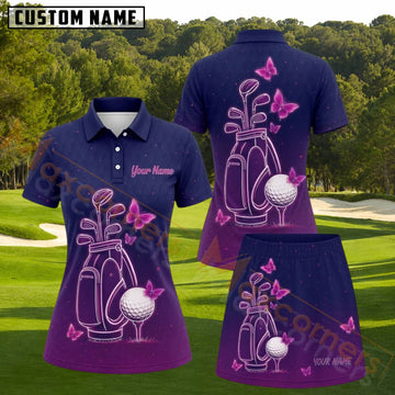 Maxcorners Purple Butterfly Golf Bag Personalized Name 3D Golf Shirt and Golf Skirt