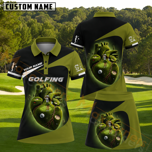 Maxcorners Anatomical Heart Golf Island Lady Golfer Olive Green Black Personalized Name 3D Golf Shirt and Golf Skirt