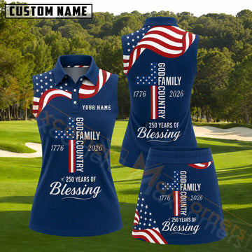 Maxcorners God Family Country Patriotic Christian Personalized Name 3D Golf Shirt and Golf Skirt