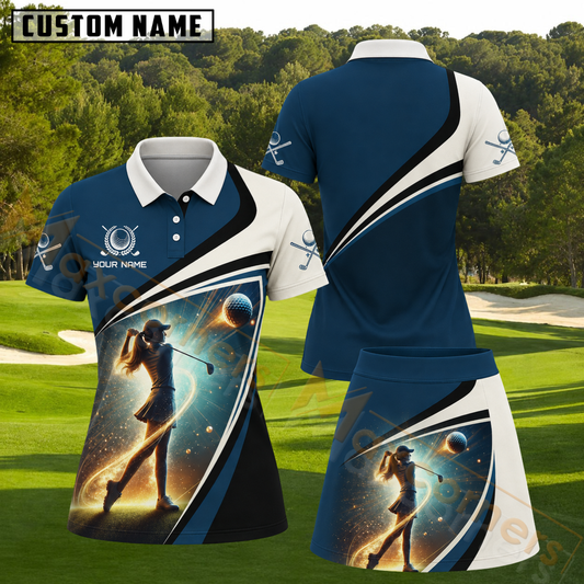 Maxcorners Sparkling Golden Light Golfer Girl Geometric Wave Navy Personalized Name 3D Golf Shirt and Golf Skirt