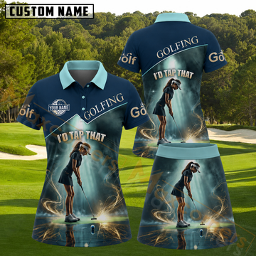 Maxcorners I'd Tap That Glowing Green Lady Putter Navy Blue Personalized Name 3D Golf Shirt and Golf Skirt