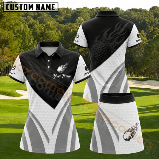Maxcorners Black White Flaming Golf Ball Personalized Name 3D Golf Shirt and Golf Skirt