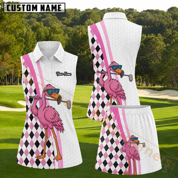 Maxcorners Pink Black Argyle Flamingo Golfer Personalized Name 3D Golf Shirt and Golf Skirt