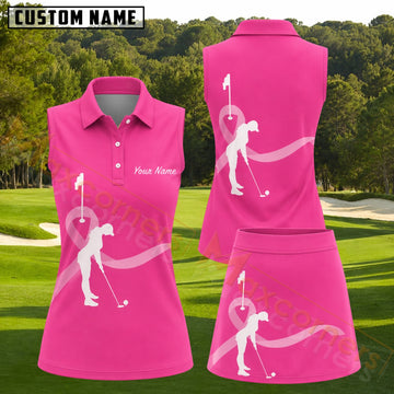 Maxcorners Pink Breast Cancer Awareness Ribbon Female Golfer Personalized Name 3D Golf Shirt and Golf Skirt