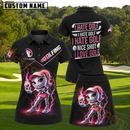 Maxcorners I Hate Golf Nice Shot Cartoon Female Golfer Pink Lightning Black Personalized Name 3D Golf Shirt and Golf Skirt