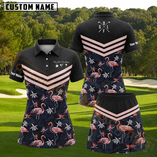 Maxcorners Black Pink Tropical Flamingo Personalized Name 3D Golf Shirt and Golf Skirt