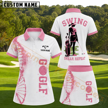 Maxcorners Pink White Swing Swear Repeat Female Golfer Personalized Name 3D Golf Shirt and Golf Skirt