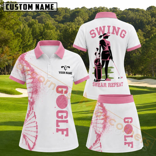 Maxcorners Pink White Swing Swear Repeat Female Golfer Personalized Name 3D Golf Shirt and Golf Skirt