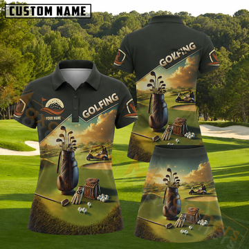 Maxcorners Classic Golf Equipment And Cart Sunset Landscape Charcoal Green Personalized Name 3D Golf Shirt and Golf Skirt