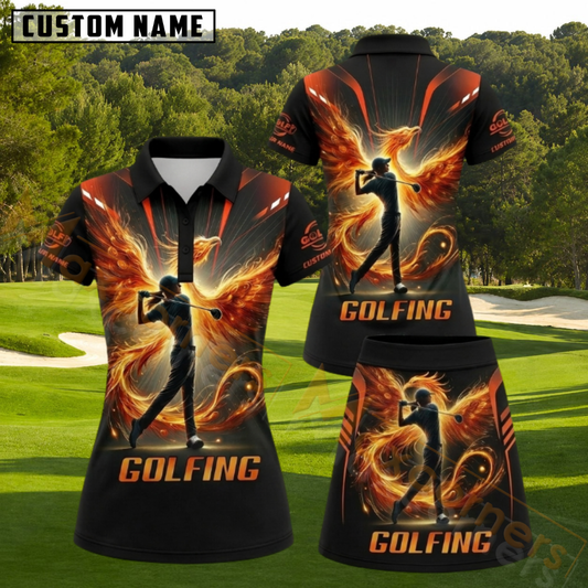 Maxcorners Fiery Phoenix Golfer Swing Flame Fire Effect Black Orange Personalized Name 3D Golf Shirt and Golf Skirt