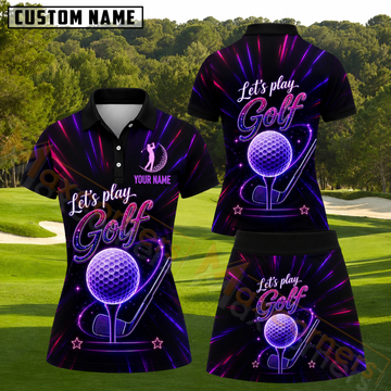 Maxcorners Neon Glowing Let's Play Golf Ball On Tee Club Light Rays Purple Magenta Personalized Name 3D Golf Shirt and Golf Skirt